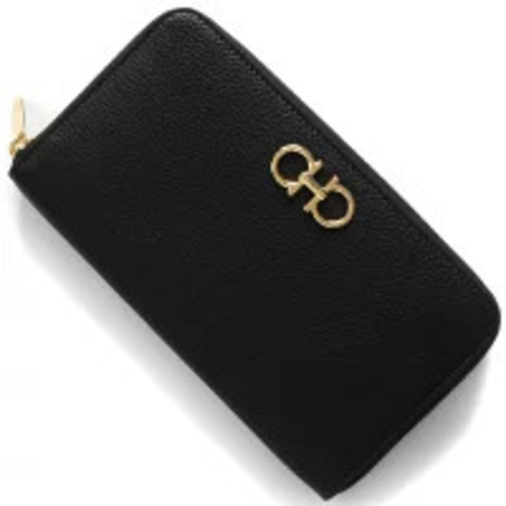 Salvatore Ferragamo Long Wallet Double Gancini Round Zipper Black Nero Black